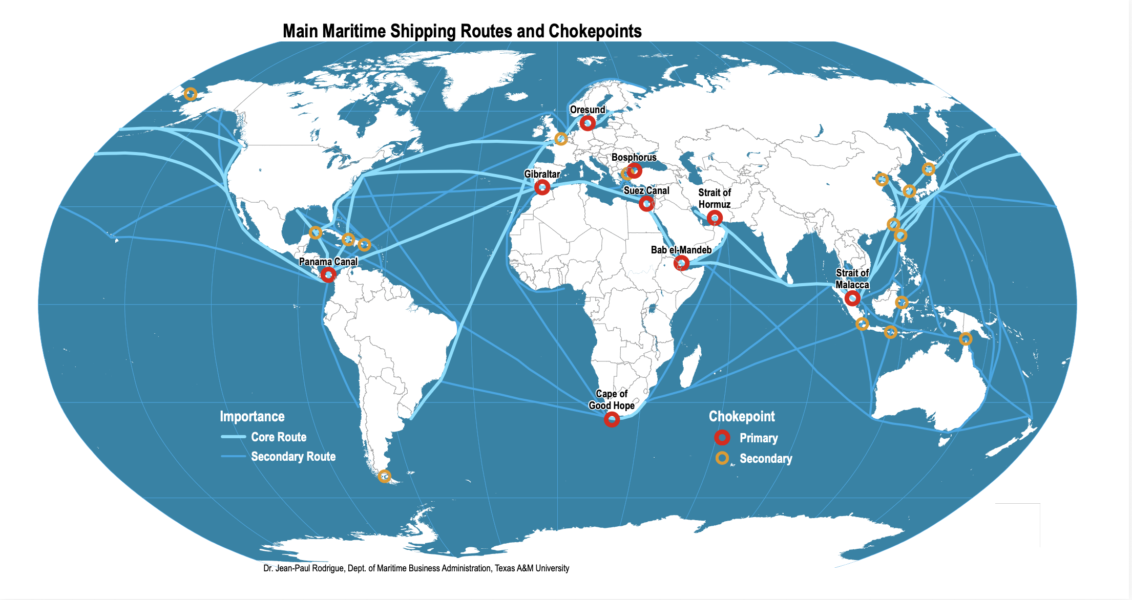 Global maritime shipping lanes and ports